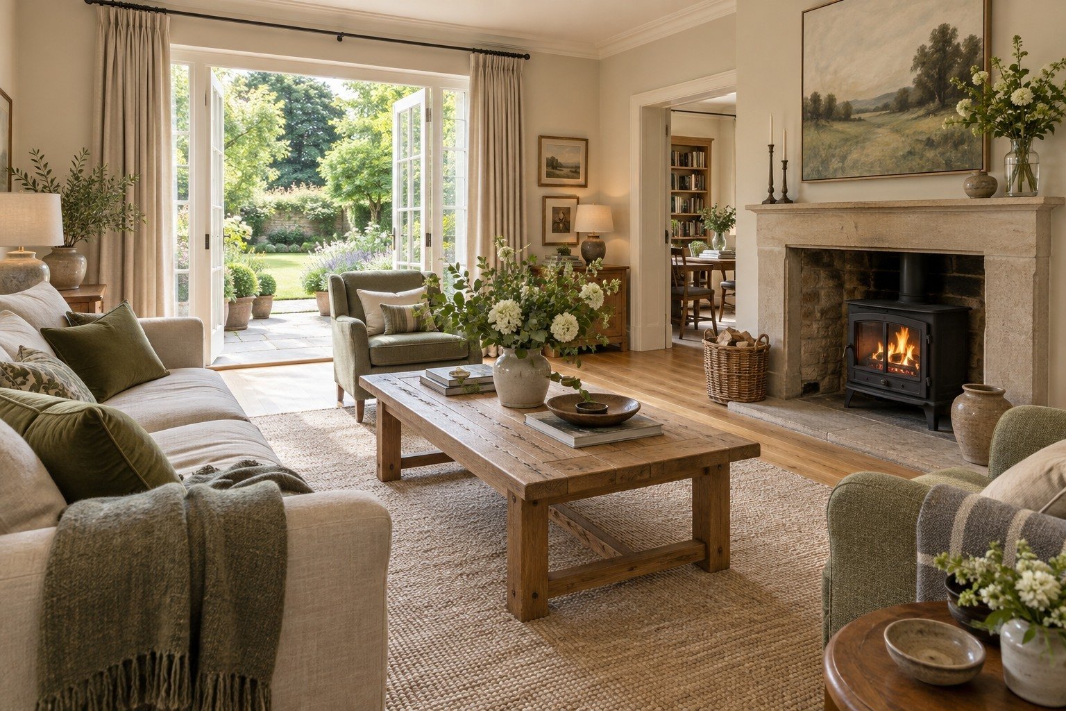 A warm, carefully presented living room opening onto a green garden